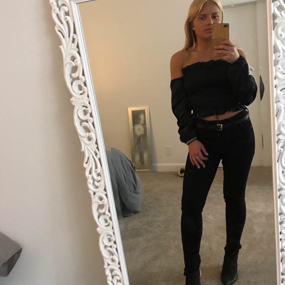Black Satin Off-The-Shoulder Top
